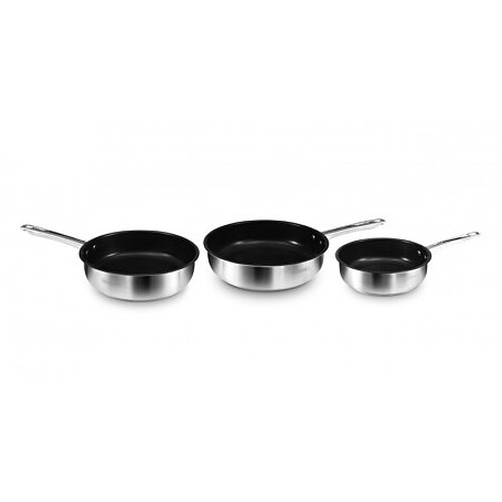 Kitchencook - Set de 3 poêles inox - Revêtement antiadhésif - Tous feux dont induction - Ergonomiques